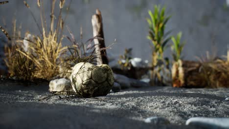 An-old-torn-soccer-ball-thrown-lies-on-sand-of-sea-beach